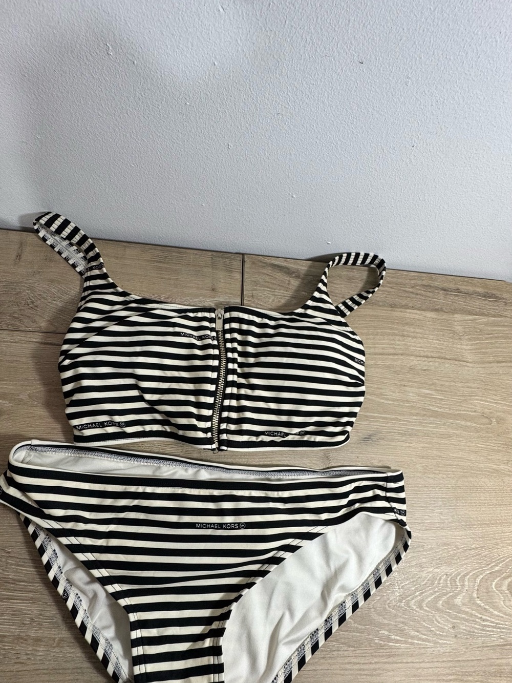 Michael Kors Black and White Striped Girls Two-Piece Swim Set size L